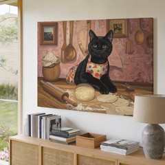 Baking Black Cat Canvas Anthropomorphic Feline In Kitchen With Apron When A Wall