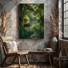 Serene River Landscape Canvas Art With Wooden Boat And Lush Green Trees Print