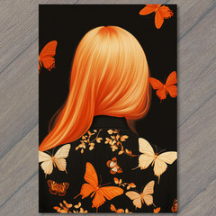 Art Print Bold Orange Hair Back View Butterflies Flying Patterned Jacket