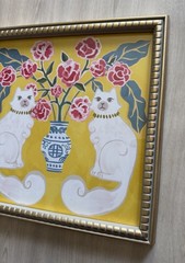 SAPNA SHAH Blue White Chinoiserie Pink Flower Filled Vase Cat Framed