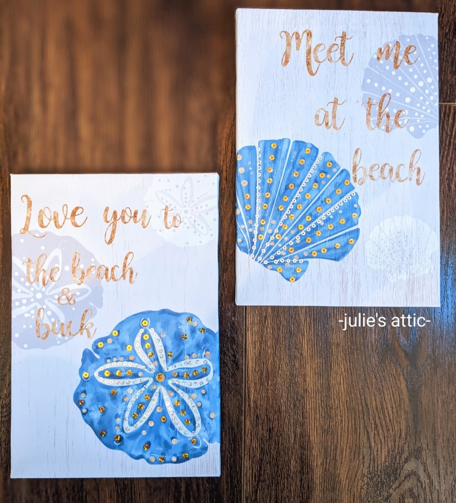 Wall Art with COASTAL THEME QUOTE with GOLD SEQUINS Unframed canvas Set Of 2