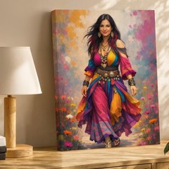Colorful Bohemian Woman Canvas Wall Art Gypsy Style Colorful Dress Canvas Print