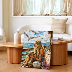 Wall Art Coastal Woman with Golden Retriever on Pier Seagulls Ocean Canvasendoft