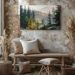 Golden Pines Canvas Vertical Forest Landscape With Sunlight & Misty Mountains