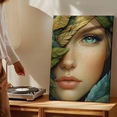 Green Eyed Woman Face With Gold And Green Leaves Canvas Wall Art Decor Art Print