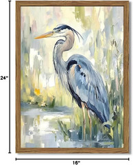 Framed Blue Heron Wall Art, Watercolor Sea Bird Pictures Wall Decor, 16X24 Inch