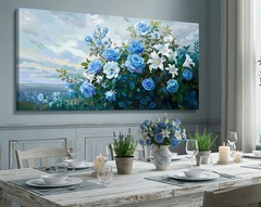48×24 Inch Large Floral Canvas Wall Art, Waterproof Moisture Resistant Blue R…