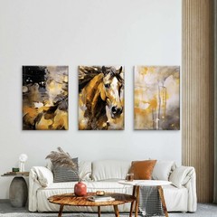 3pcs Abstract Golden Horse Painting Ochre Grey Wall Art Canvas Unframed/Framed