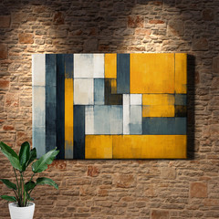 Mustard Yellow Charcoal Geometric Color Block Abstract Wall Art Print