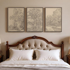 Framed Vintage Tree Sketch Wall Art Set of 3 Neutral Brown Canvas 16×24 Inch