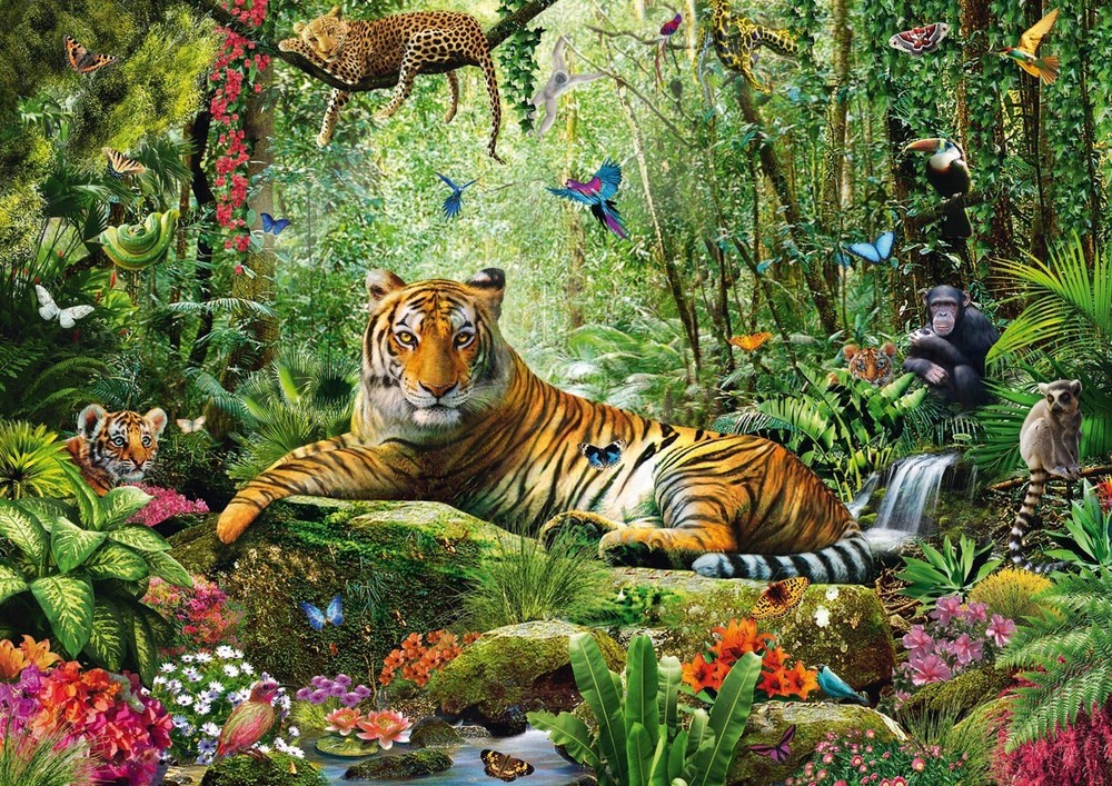 Canvas art print giclée poster pillow Tigers and other exotic animals rainforest