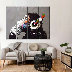 Banksy DJ Monkey, Gorilla Chimp Canvas Wall Art, Banksy Thinking Monkey, Headpho