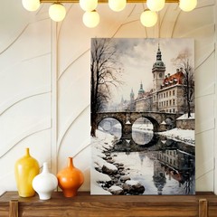 Wall Art Winter European Cityscape Canvas Print Snowy Bridge River Reflection