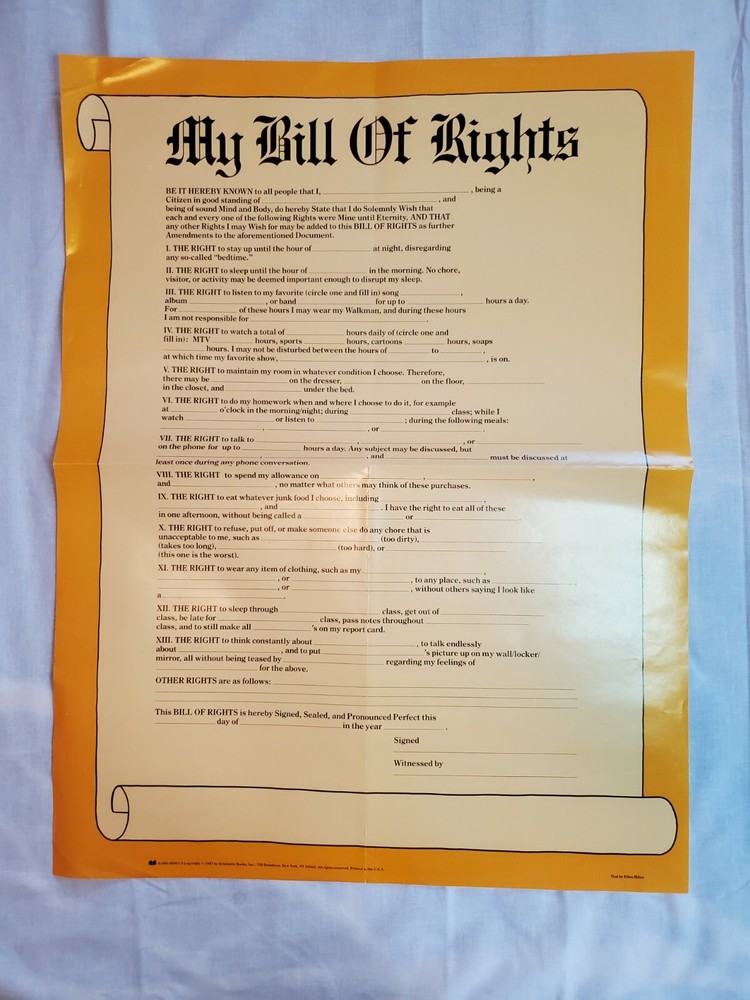 Vintage 80s 1987 Scholastic My Bill Of Rights Education Poster Wall Art 17×23