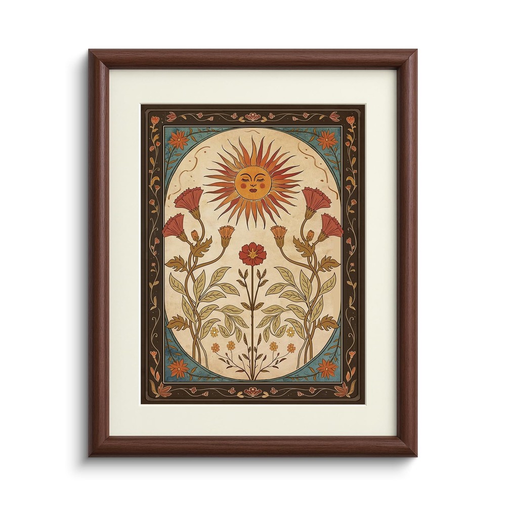 Brown Framed Canvas Wall Art, Bedroom Small Vintage Art,11x14in, Retro Sun fl…