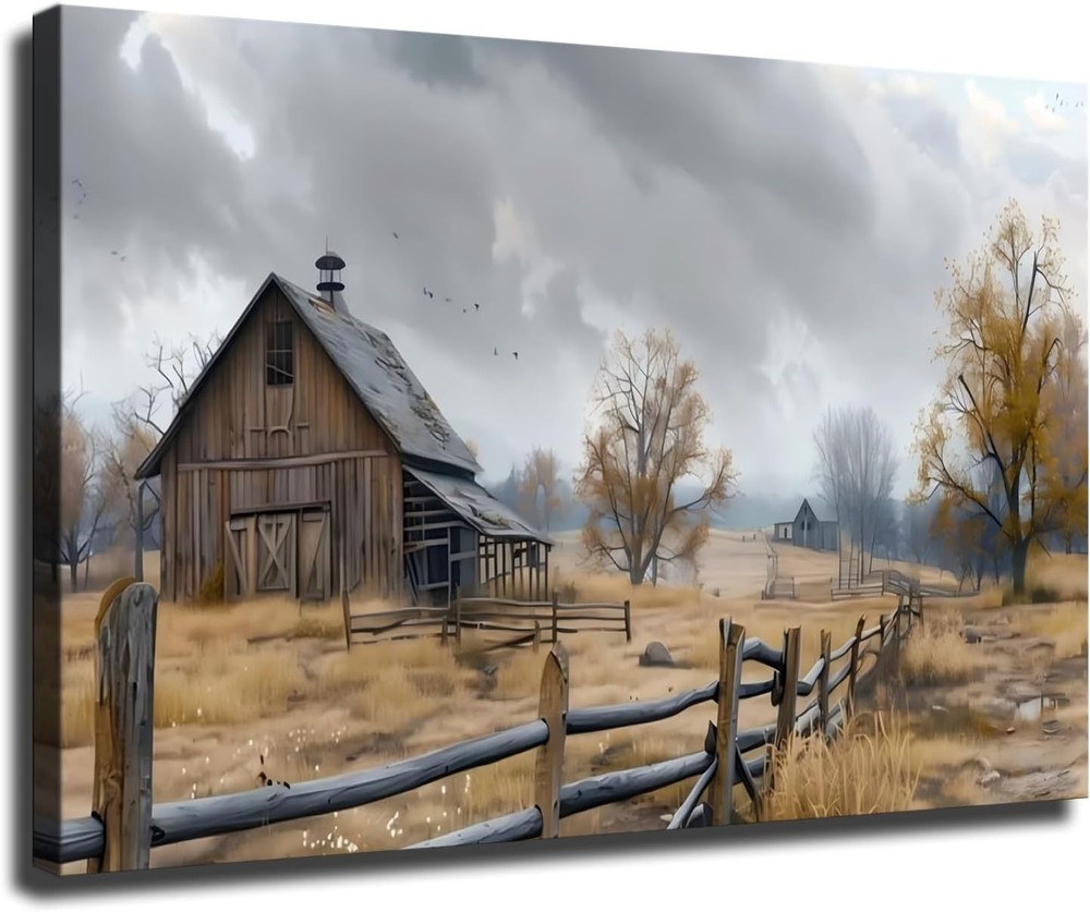 Farmhouse Canvas Wall Art, Old Barn Painting Print, Western Barn Decor Poster