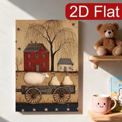 Primitive Farmhouse Sheep and Cart Canvas Wall Art, Rustic Country Home Decor