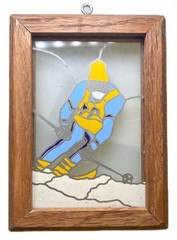 Framed Painted Glass Downhill Skier Ski Picture 4.5”x 3.25”