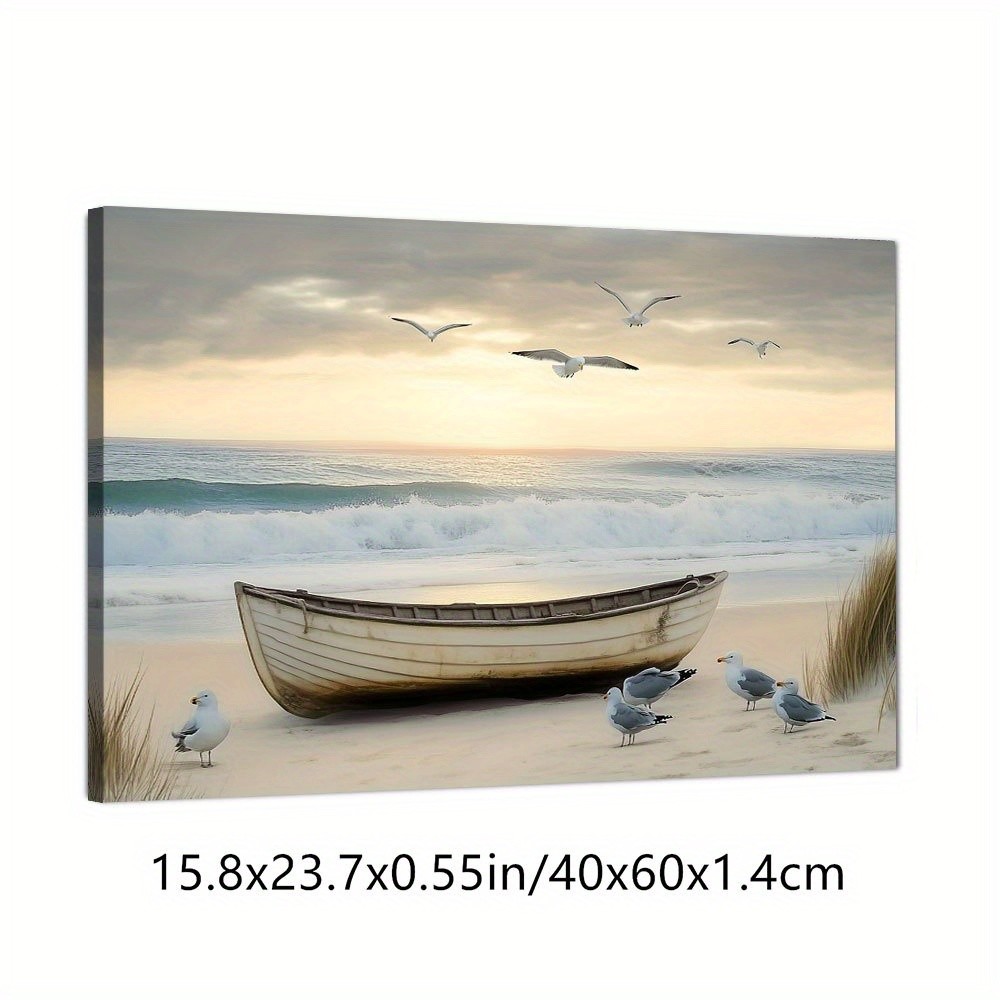 Coastal Beach Boat and Seagulls Canvas Wall Art, Nautical Home Decor