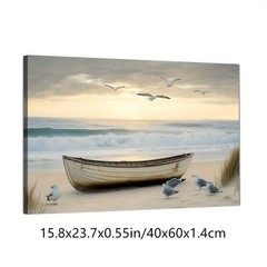 Coastal Beach Boat and Seagulls Canvas Wall Art, Nautical Home Decor