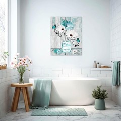 Teal Floral Wall Art for Living Room Blue and White Daisy Flower with Butterf…