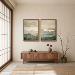 Framed 2Pcs Green Abstract Wall Art with Wood Frame Rustic Landscape Canvas P…