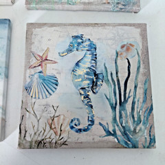 Lot of 4 Starfish Seahorse Turtle Clam Shell Canvas Print Ocean Nautical 8X8