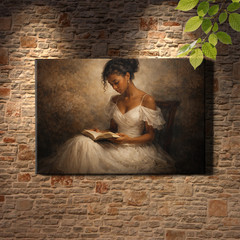 Woman Reading In White Dress Canvas Art Moody Vintage Inspired Portrait
