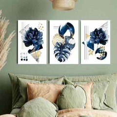 3pcs Navy Blue, Grey & Golden Abstract Geometric Metal Print Ready to Hang Art