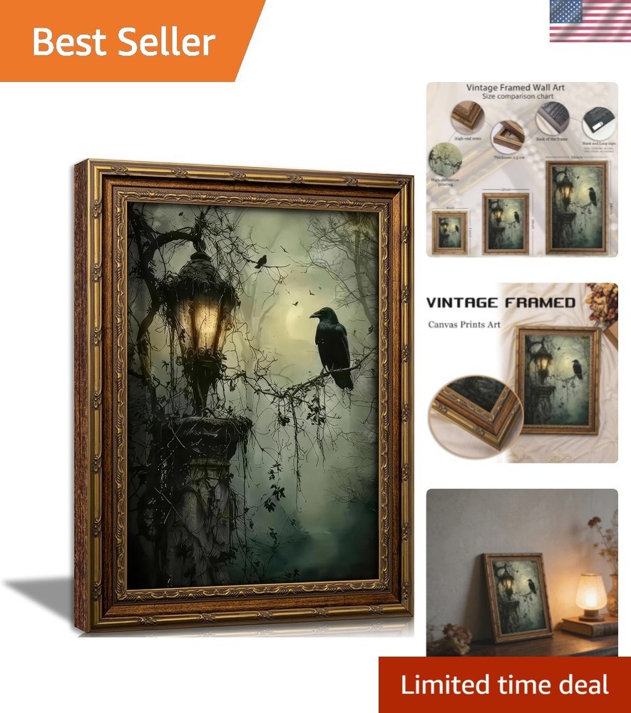 Vintage Gold Framed Crow Canvas Wall Art Dark Academia Gothic Painting Pictur…