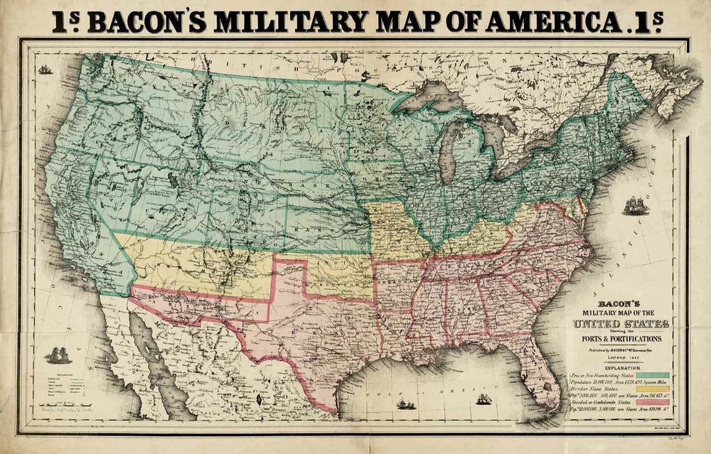 Bacons 1862 Military US Civil War Map Shewing Forts, Fortifications Wall Print