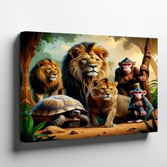 African Wildlife Canvas Wall Art Featuring Lions Monkeys and Tortoise Scene