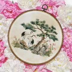 Vintage Crane Bird Round Wall Art Decor Framed 10×10, Aesthetic Japanese Cran…