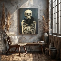 Skeleton With Black Cat Canvas Gothic Companionship & Quiet Halloween Charm Wall