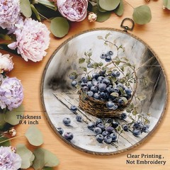 Vintage Blueberry Round Wall Art Decor, French Country Canvas Art Framed, Rus…