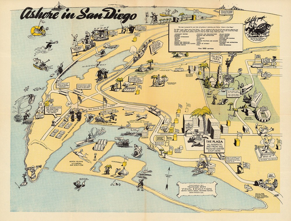 Ashore in San Diego Mid-century Pictorial Map Naval Training Center Art Poster