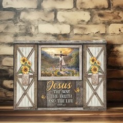 Canvas Art Barn Door Sunflower Cross Jesus Quote Farm Religious Decor