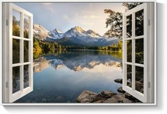 Framed Nature Window Landscape Wall Art, Horizontal Mountain Lake Canvas Artw…
