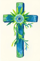 Christian Cross Floral Blue Green 4×6 Photo Print Religious Wall Art Decor
