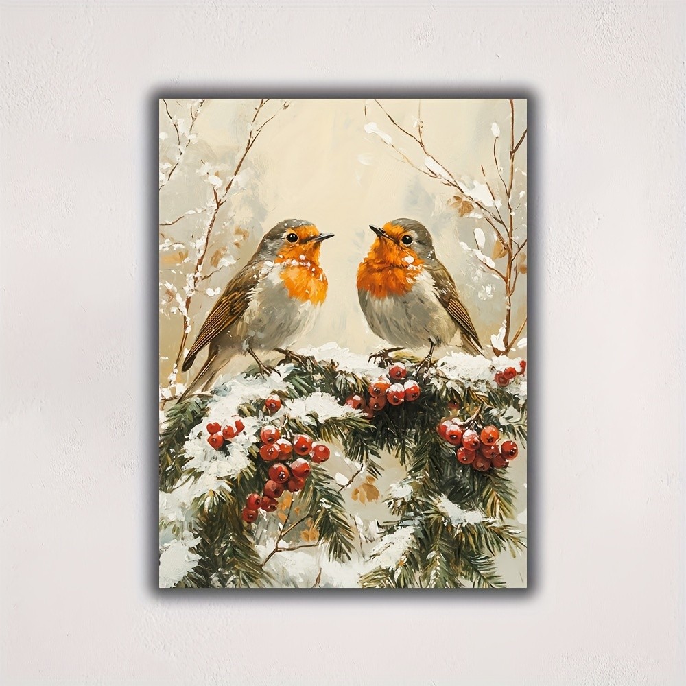 Winter Robin Birds with Berries Canvas Wall Art, Christmas Home Decor
