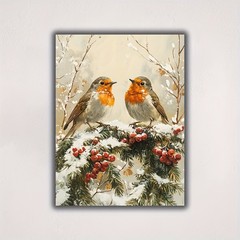 Winter Robin Birds with Berries Canvas Wall Art, Christmas Home Decor