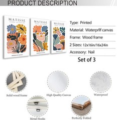 BingruiArt Matisse Wall Art Canvas Colorful Boho Flower Poster Abstract Pictu…