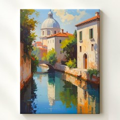 Wall Art European Canal Scene Canvas Serene Oil Painting Of Stone Buildings And