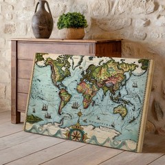 Vintage-style World Map Featuring North And South America, Illustrated Wall Art