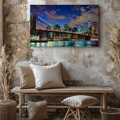 Brooklyn Bridge Night Canvas Illuminated Nyc Skyline Over East River Wall Art