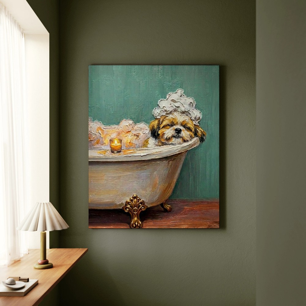 «Spa Day» – Shih Tzu Vertical Canvas – Dog Lover Wall Art