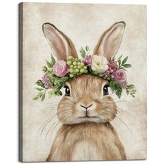 Easter Rabbit with Floral Crown Canvas Wall Art Cute Bunny Poster Prints Love…