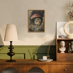 Framed Vintage Owl Canvas Wall Art, Cute Bird Mushroom Pictures Wall Decor, C…