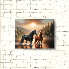 Wild Horses River Sunset Canvas Wall Art Print Western Nature Landscape Decor