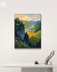 Modern Impressionist Mountain Village Canvas Print Terraced Valley Wall Art Deco
